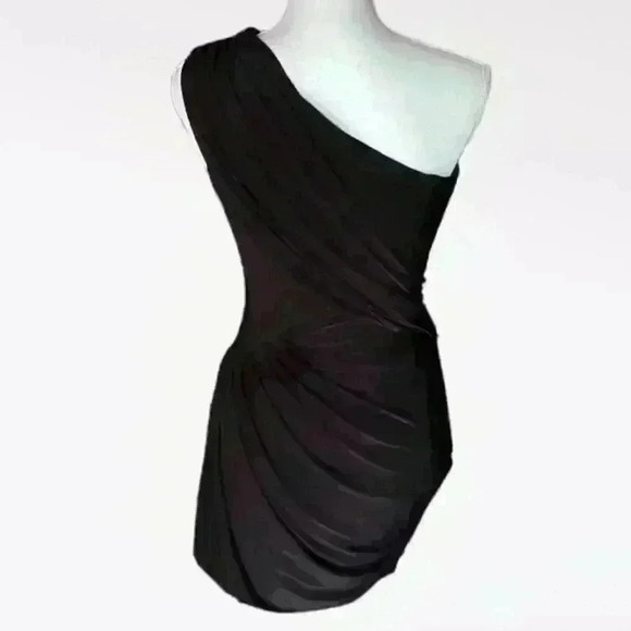 One Shoulder Ruched Black Fitted Mini Dress Size Medium​​ - Picture 4 of 5